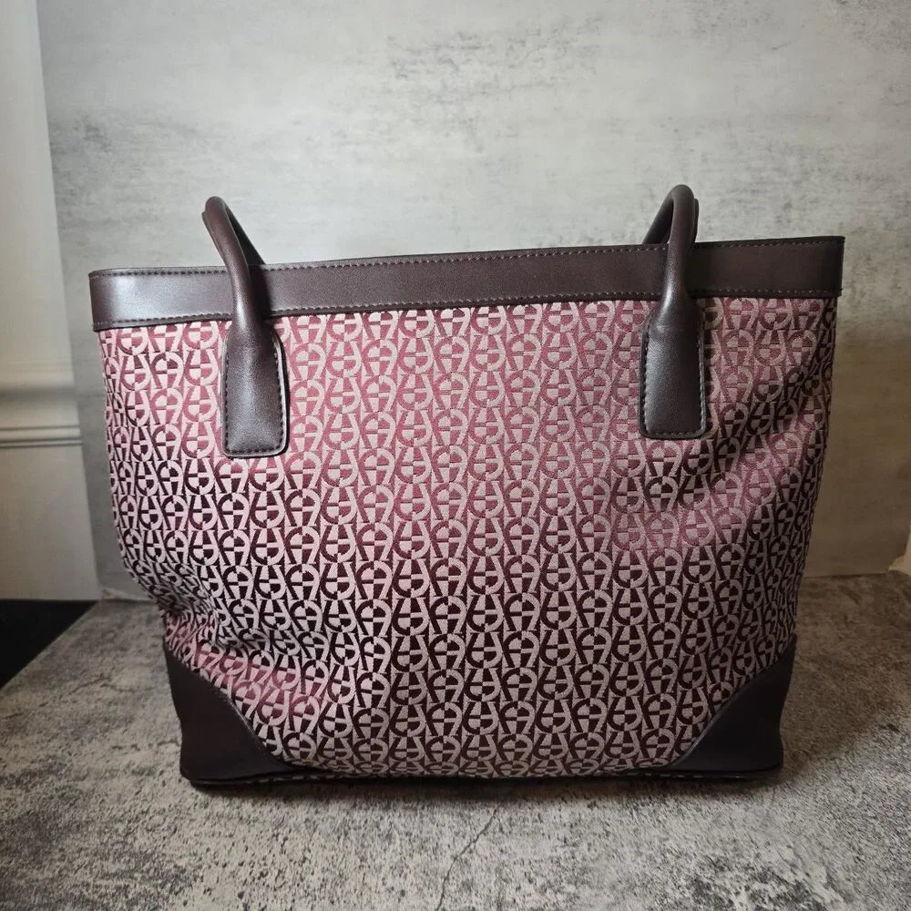 Etienne Aigner Burgundy Brown Logo Fabric Leather Handbag Purse W Wallet Makeup